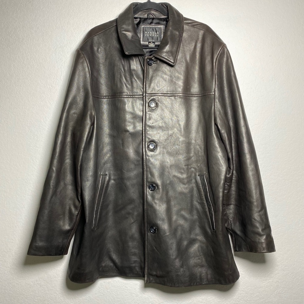 Vtg Harold Powell Men Genuine‎ Leather Button Front Coat Jacket Dark Brown XXL